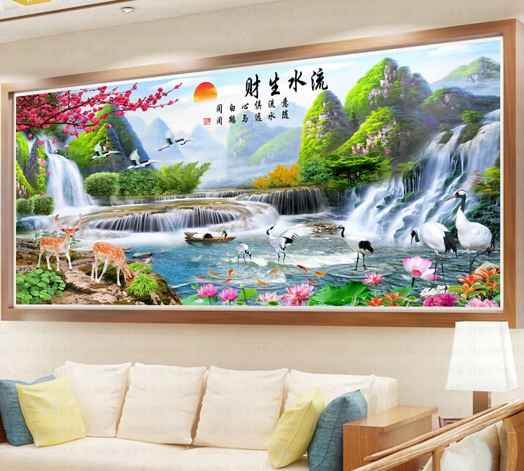 น้ำตก หุบเขา สัตว์มงคล ชุดปักครอสติส พิมพ์ลาย ครอสติสจีน งานฝีมือทำที่บ้าน DIY