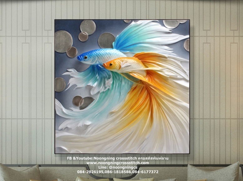 ปลากัดคู่ ครอสติสคริสตัล Diamond painting โมเสก ภาพติดเพชร งานฝีมือทำที่บ้าน DIY