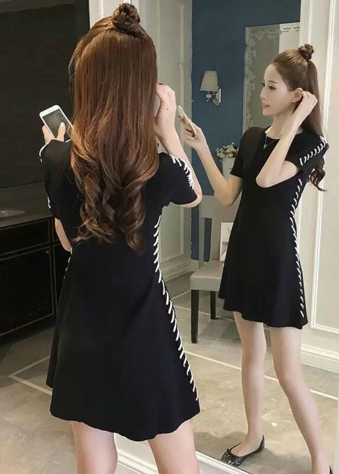 DS0048 เดรสแฟชั่นเกาหลี เดรสไหมพรม เดรสใส่ออกงาน เดรสลำลอง เดรสใส่เที่ยว เดรสใส่ไปงาน เดรสทำงาน เดรสสีดำ