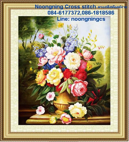 แจกันดอกกุหลาบ ชุดปักครอสติส พิมพ์ลาย ครอสติสจีน งานฝีมือทำที่บ้าน DIY