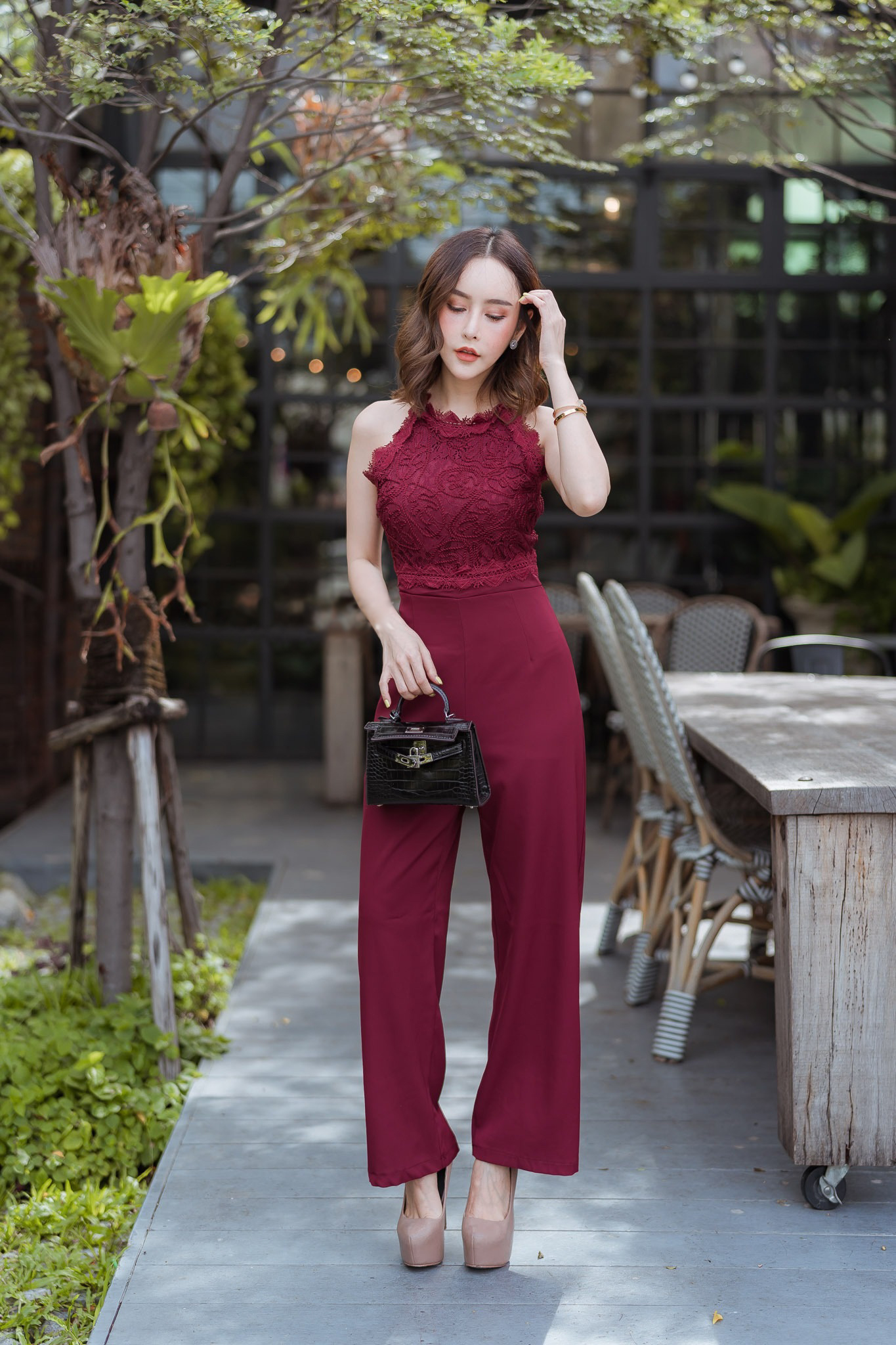 JS0095 จั๊มสูทขายาว จั๊มสูทออกงาน จั๊มสูทเกาหลี จั๊มสูทแขนกุด จั๊มสูทแฟชั่น (แดง)