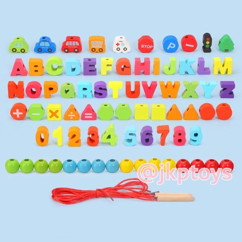 ของเล่นไม้เสริมพัฒนาการ ร้อยเชือก A-Z ตัวเลข ลูกปัดรวม 72 ชิ้น