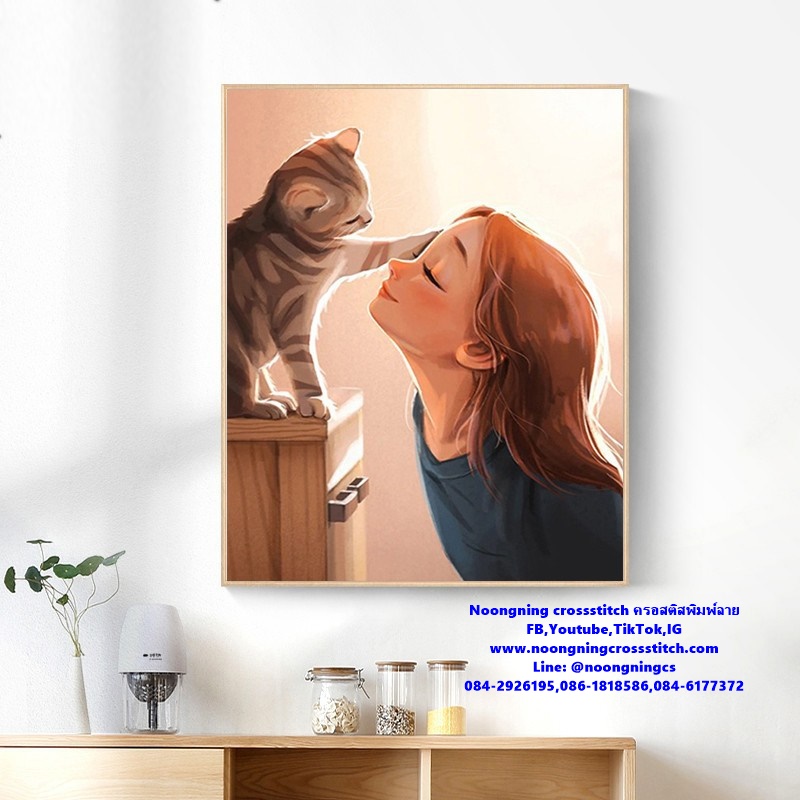 สาวน้อย กับแมวเหมียว ชุดปักครอสติช พิมพ์ลาย ครอสติสจีน งานฝีมือ DIY
