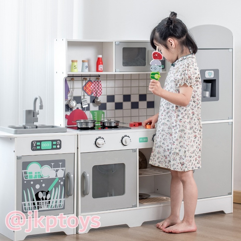 ⭐มีบริการประกอบใฟ้ ชุดครัว+ตู้เย็น สูง 96.5 ซม ไมโครเวฟ เตาอบ อ่างล้างจาน มีเสียง มีไฟ ชุดครัวไม้ของเล่น ชุดครัวเด็ก