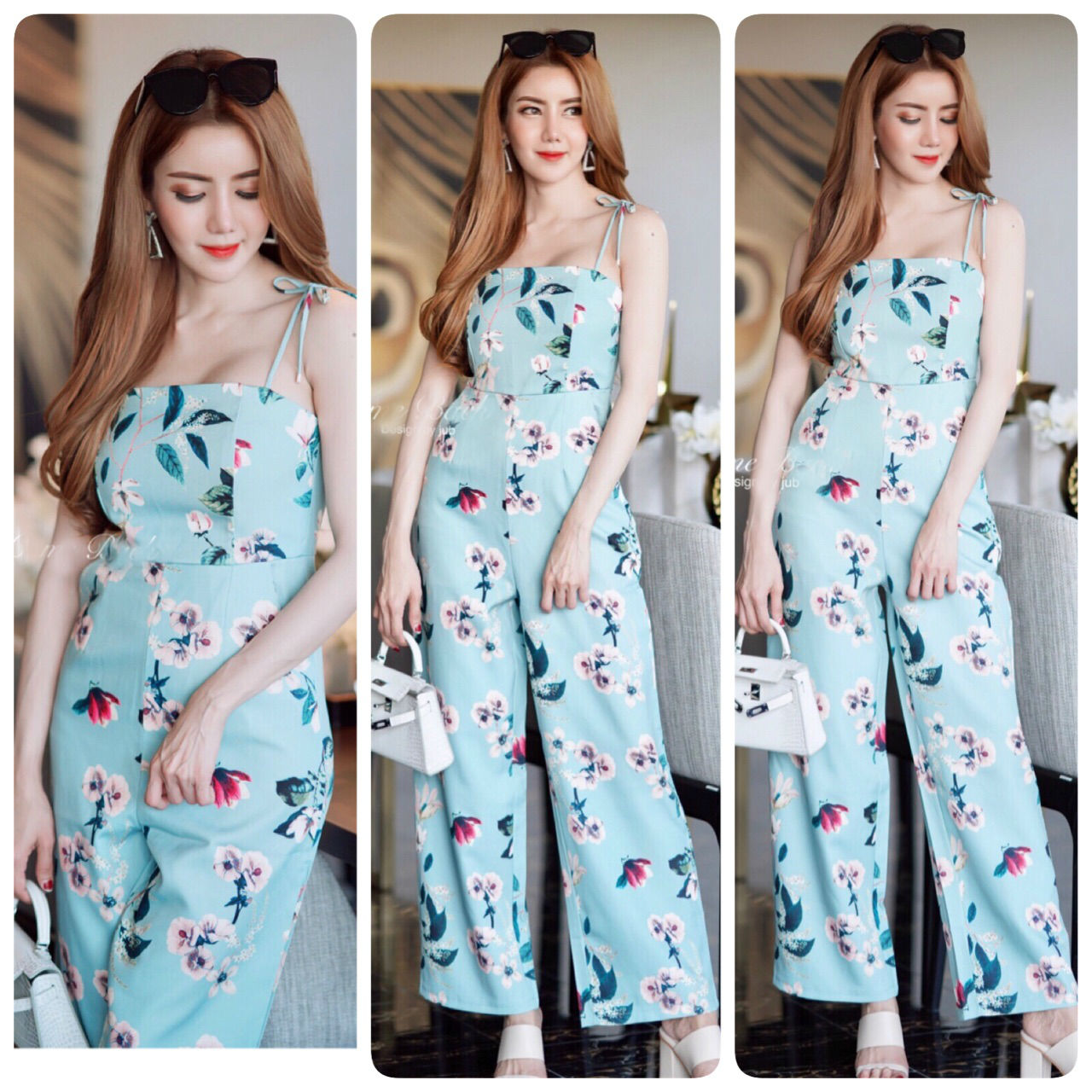 JS0078 จั๊มสูทขายาว จั๊มสูทออกงาน จั๊มสูทเกาหลี จั๊มสูทลายดอก จั๊มสูทแฟชั่น (สีฟ้า) ไซต์ M