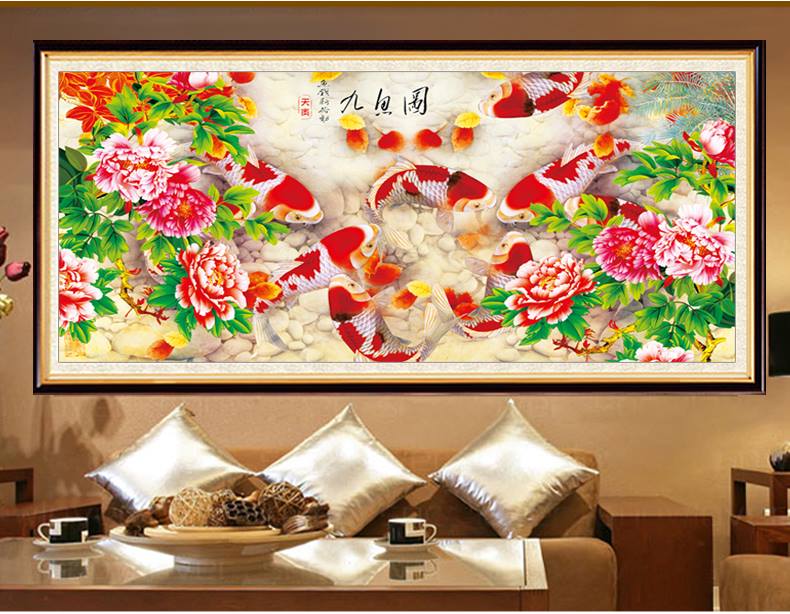 ปลาคาร์ฟมงคล ดอกโบตั๋น ชุดปักครอสติช พิมพ์ลาย ครอสติสจีน งานฝีมือ DIY