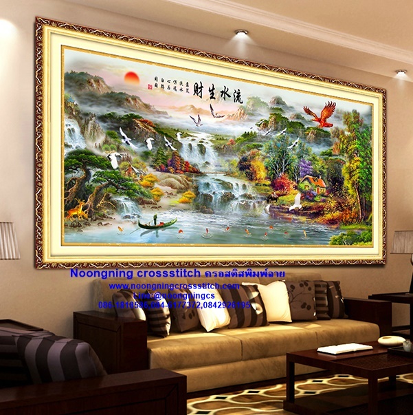 ทิวทัศน์ ภูเขา อินทรีย์ กระเรียน ปลาคราฟมงคล ชุดปักครอสติส พิมพ์ลาย ครอสติสจีน งานฝีมือทำที่บ้าน DIY