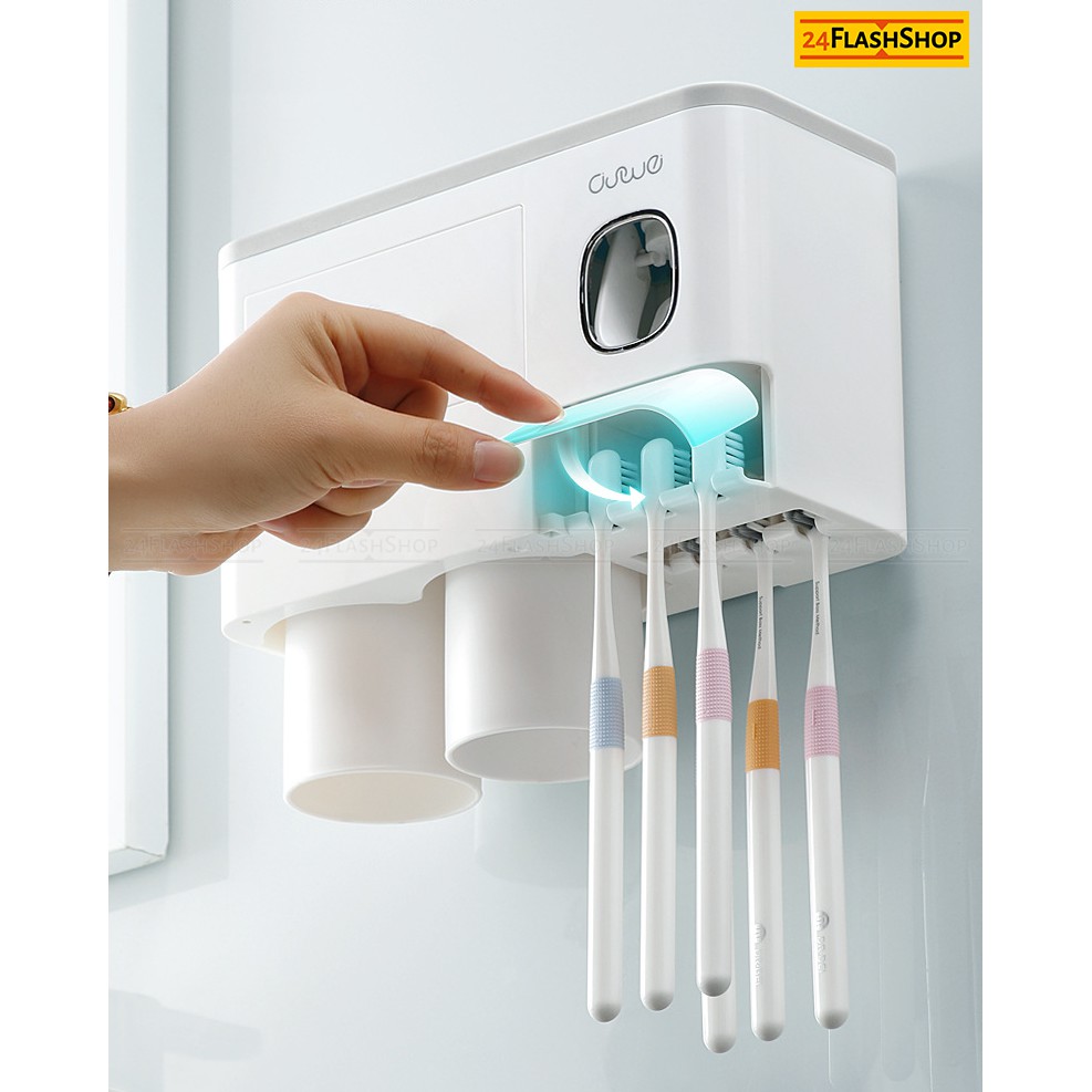 ที่บีบยาสีฟันอัตโนมัติ มีที่เก็บแปรงสีฟันพร้อมแก้วน้ำในตัว แบบติดผนัง ติดตั้งง่าย