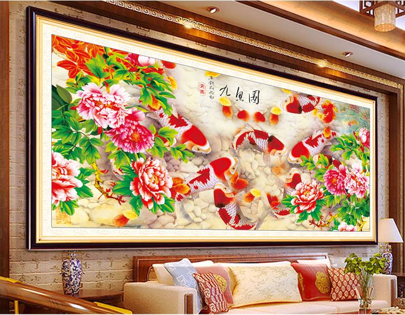 ปลาคาร์ฟมงคล ดอกโบตั๋น ชุดปักครอสติช พิมพ์ลาย ครอสติสจีน งานฝีมือ DIY