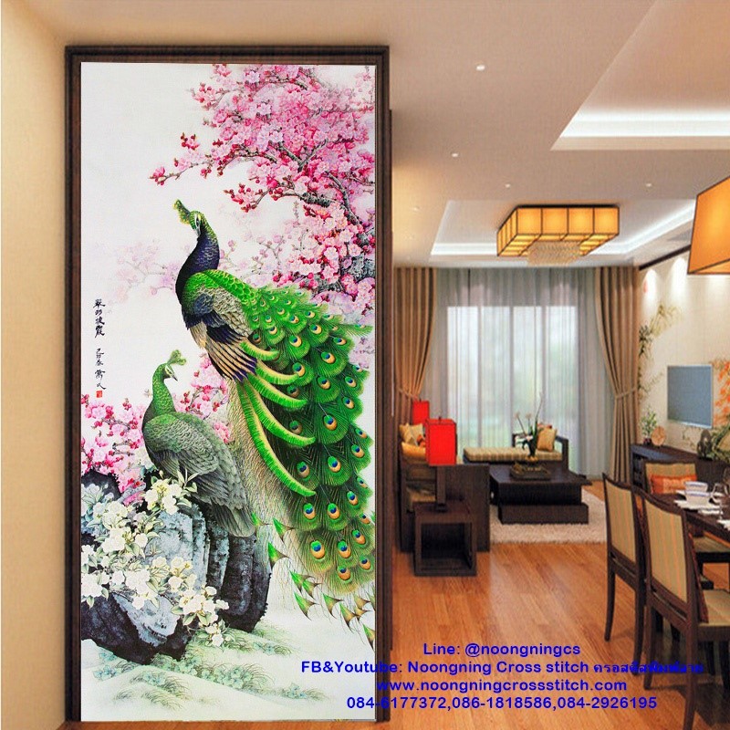 นกยูงคู่ ครอสติสคริสตัล Diamond painting โมเสก ภาพติดเพชร งานฝีมือทำที่บ้าน DIY