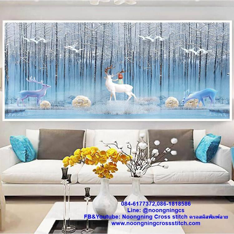 กวางขาวในป่าหิมะ ครอสติสคริสตัล Diamond painting โมเสก ภาพติดเพชร งานฝีมือ DIY