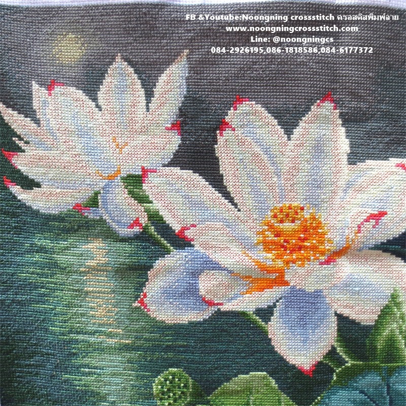 ดอกบัวหลวง มงคล ชุดปักครอสติส พิมพ์ลาย ครอสติสจีน งานฝีมือทำที่บ้าน DIY