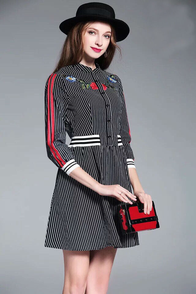 DS0049 เดรสแฟชั่น เดรสเกาหลี เดรสใส่ออกงาน เดรสลำลอง เดรสใส่เที่ยว เดรสไปงาน เดรสทำงาน เดรสสีดำ (ลายทาง)