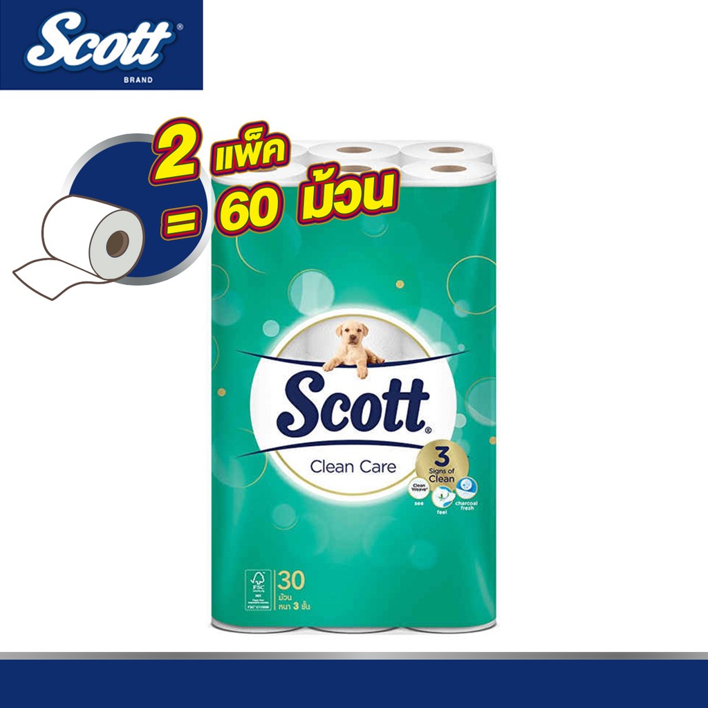 สก๊อตต์ คลีนแคร์ กระดาษชำระ หนา 3ชั้น ขนาด30 ม้วน x2แพ็ค (รวม60 ม้วน) SCOTT CLEAN CARE Toilet Tissue 3 Ply 60 Rolls