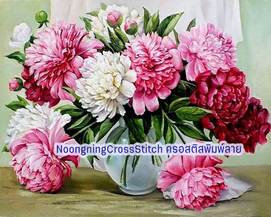 แจกันดอกไม้สีชมพู ครอสติสคริสตัล Diamond painting โมเสก ภาพติดเพชร งานฝีมือทำที่บ้าน DIY