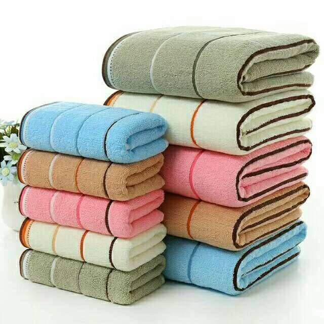 ชุดเซ๊ตผ้าเช็ดตัว+ผ้าเช็ดหน้า เนื้อผ้าขนสั้น Cotton แท้100%สีพื้นลายเส้น 5สี MM10