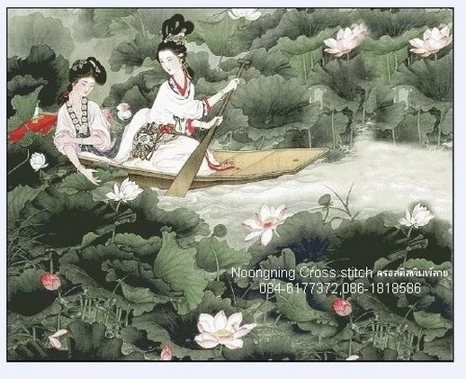 ผู้หญิงพายเรือ ชุดปักครอสติช พิมพ์ลาย ครอสติสจีน งานฝีมือ DIY