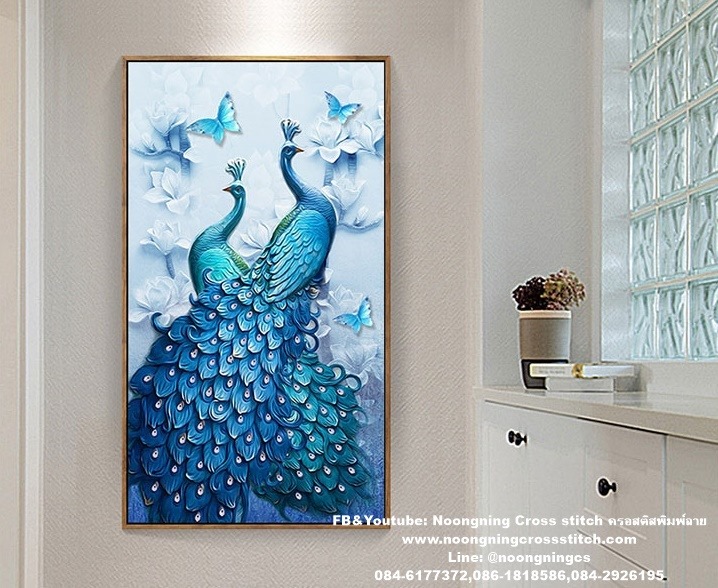 นกยูงฟ้าคู่ ดอกแมกโลเนีย ชุดปักครอสติช พิมพ์ลาย ครอสติสจีน งานฝีมือ DIY