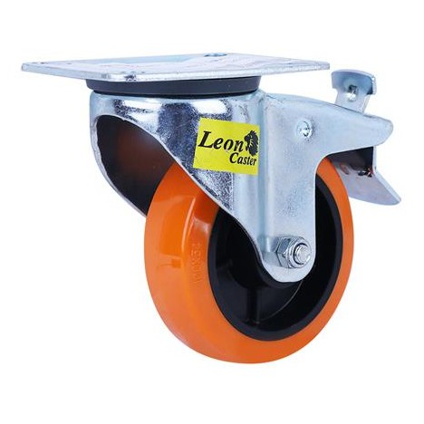 อะไหล่ เฟอร์นิเจอร์ ลูกล้อโพลียูรีเทน มีเบรค แป้นหมุน มีเบรค สีส้ม 4" PLATE ROTATE BREAK WHEEL LEON ORANGE 4"