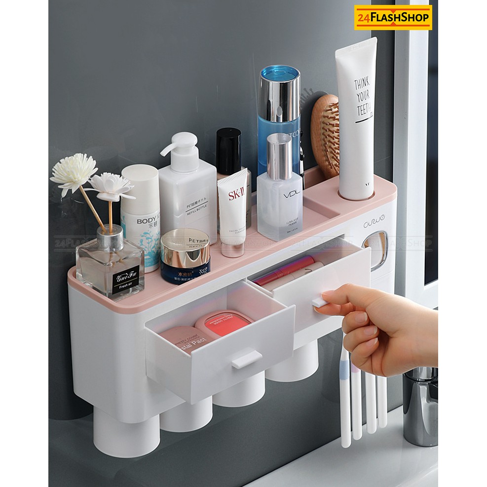 ที่บีบยาสีฟันอัตโนมัติ มีที่เก็บแปรงสีฟันพร้อมแก้วน้ำในตัว แบบติดผนัง ติดตั้งง่าย