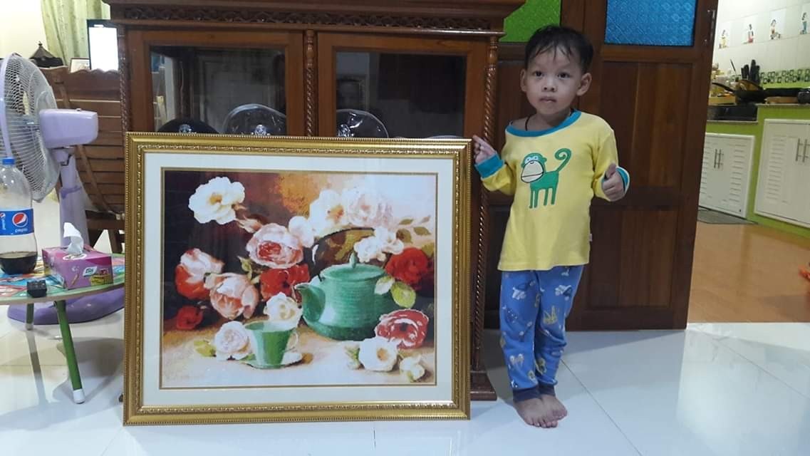 นกยูงฟ้าคู่มงคล ชุดปักครอสติส พิมพ์ลาย ครอสติสจีน งานฝีมือทำที่บ้าน DIY