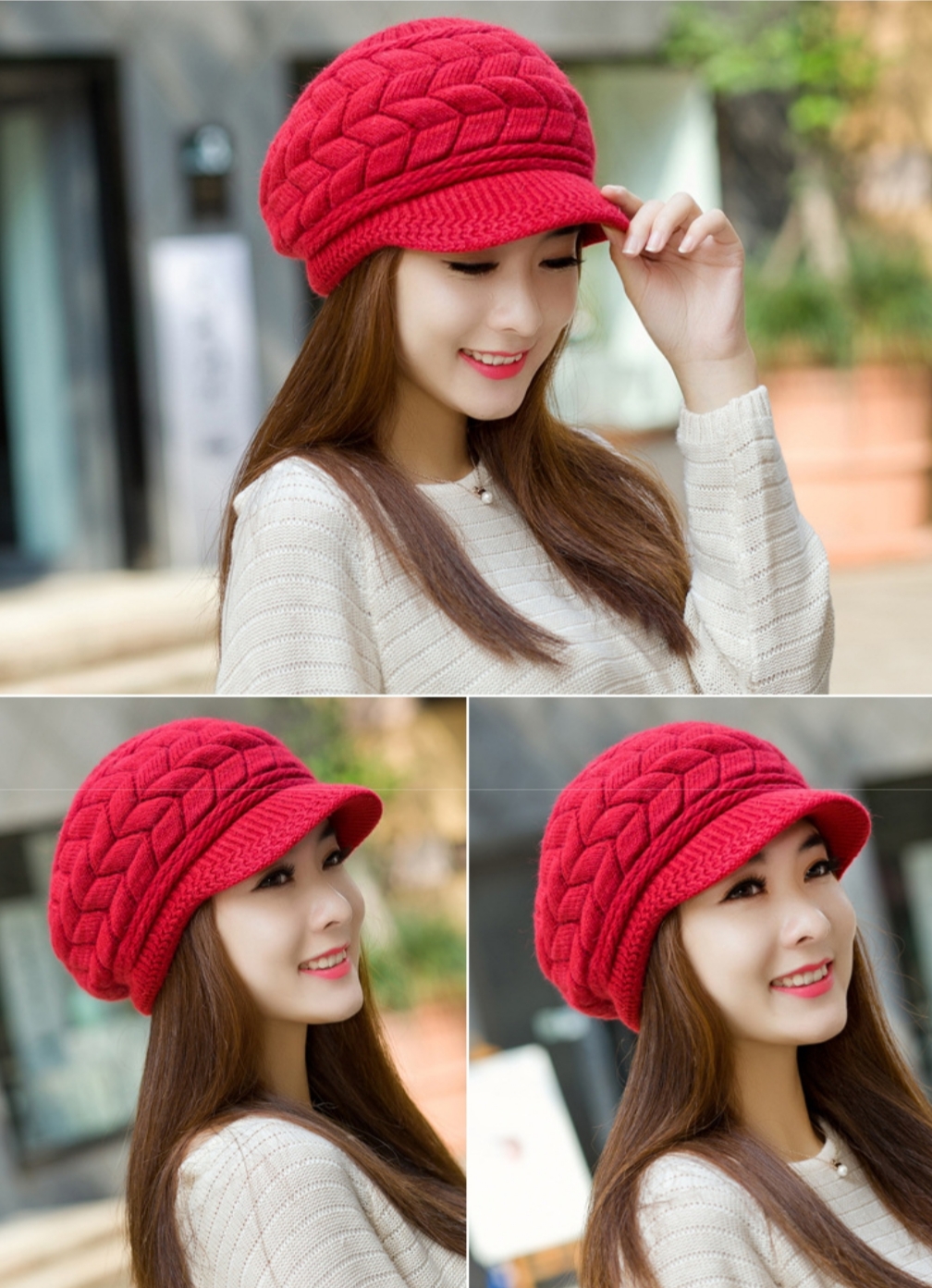 หมวกไหมพรมทรงเเก็ปสีแดงสวยหรูด้านในบุขน(พร้อมส่ง)(Free Size)