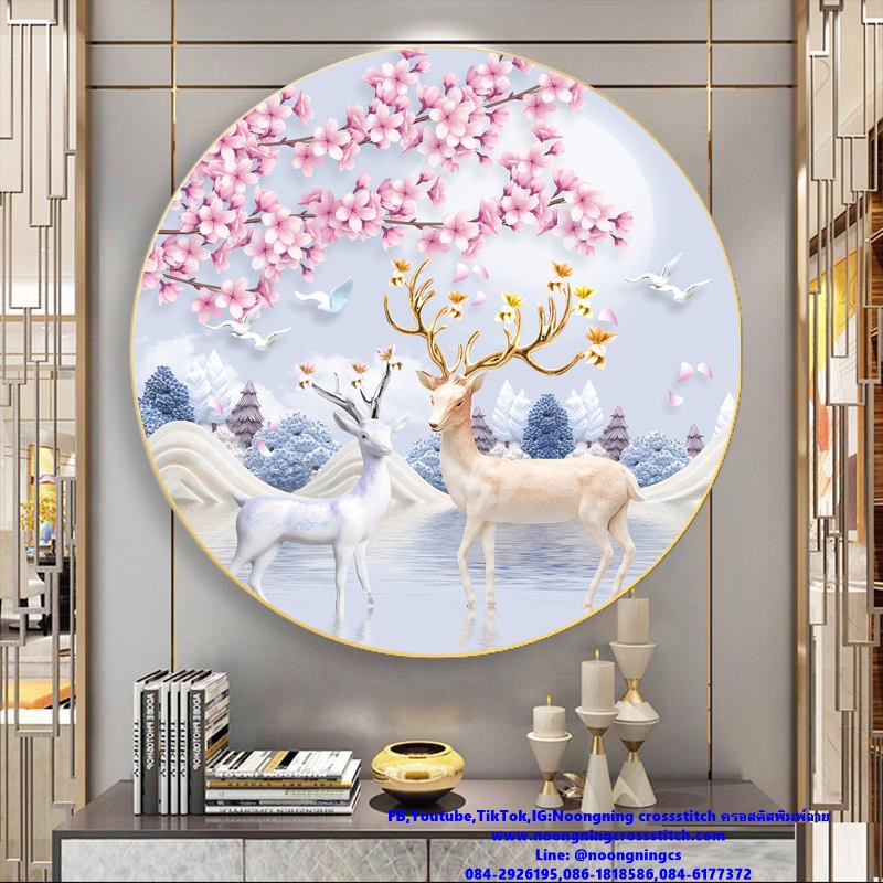 กวางคู่ มงคล ชุดปักครอสติช พิมพ์ลาย ครอสติสจีน งานฝีมือ DIY
