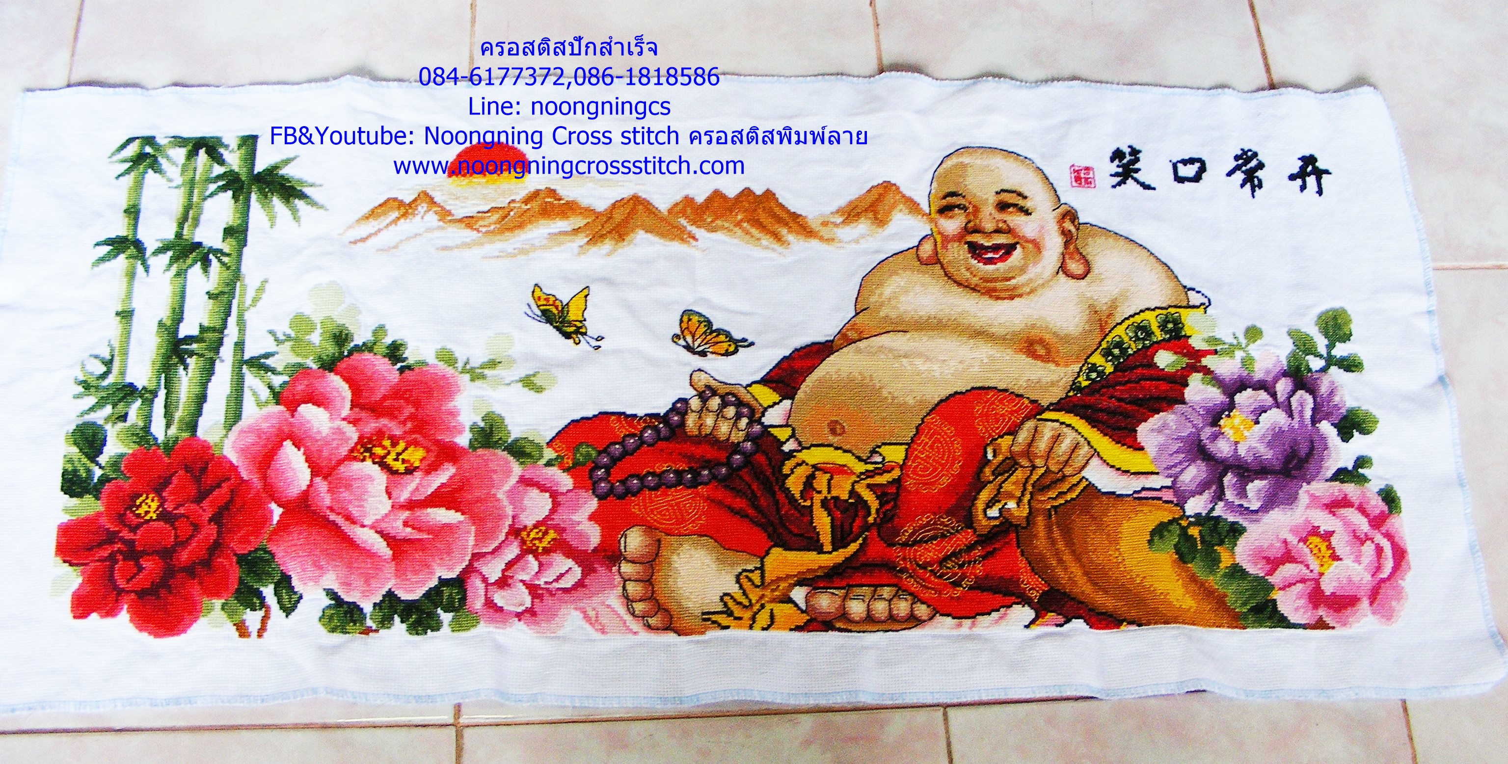 พระสังกัจจายน์ ดอกโบตั๋น ครอสติสปักสำเร็จขนาด: 125*65cm