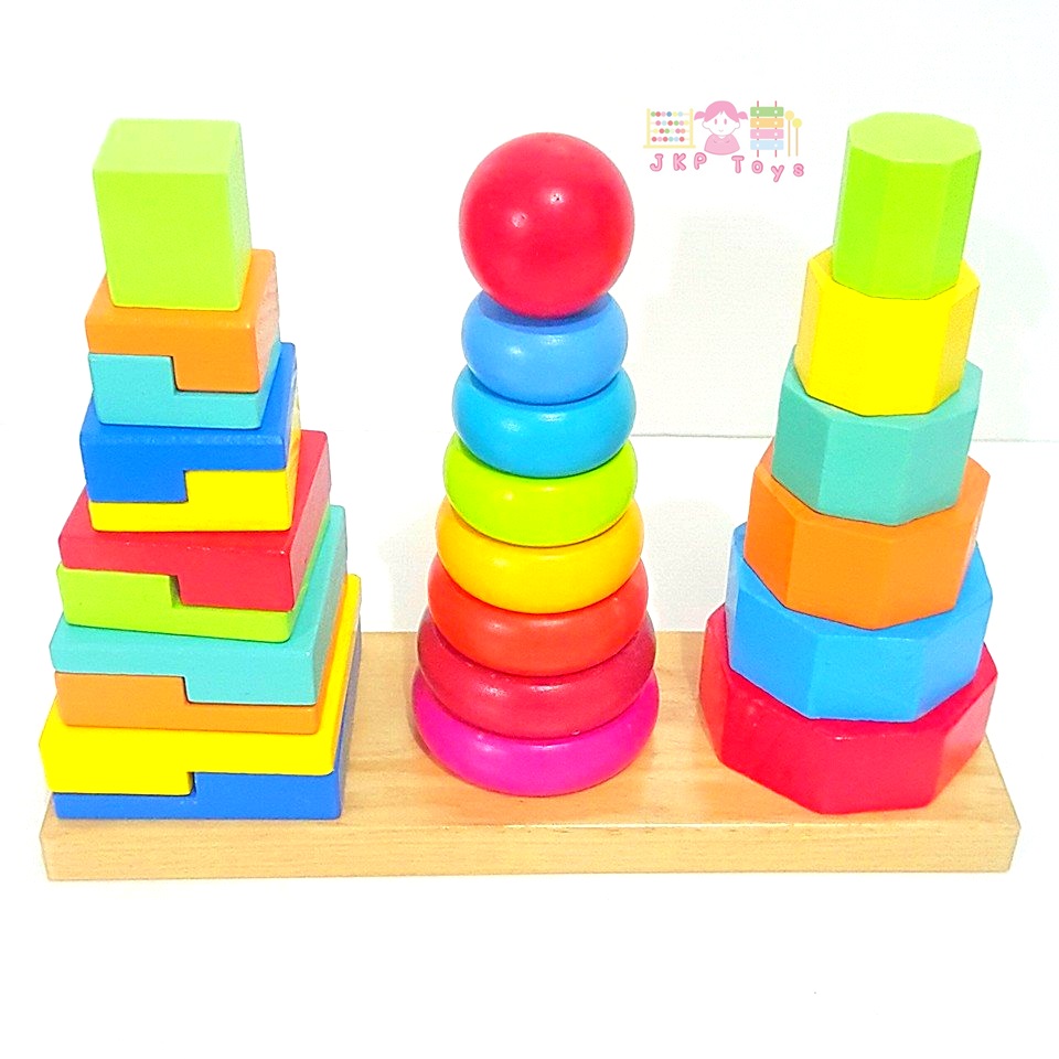 ของเล่นเสริมพัฒนาการ ของเล่น ของเล่นไม้ บล็อคไม้สวมหลัก 3 เเถวขนาดใหญ่