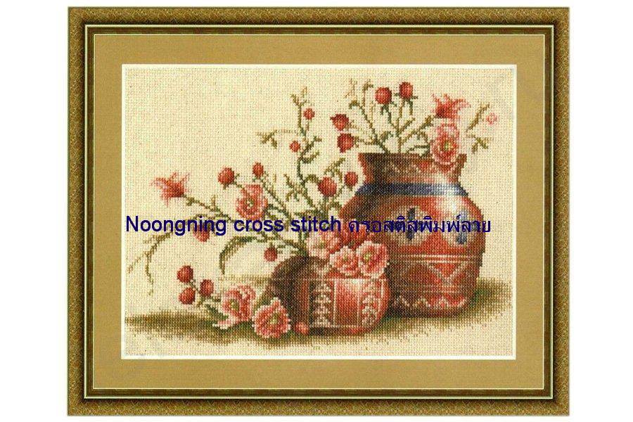 แจกันดอกไม้ คลอสติสพิมพ์ลายชุดปักครอสติช พิมพ์ลาย ครอสติสจีน งานฝีมือ DIY