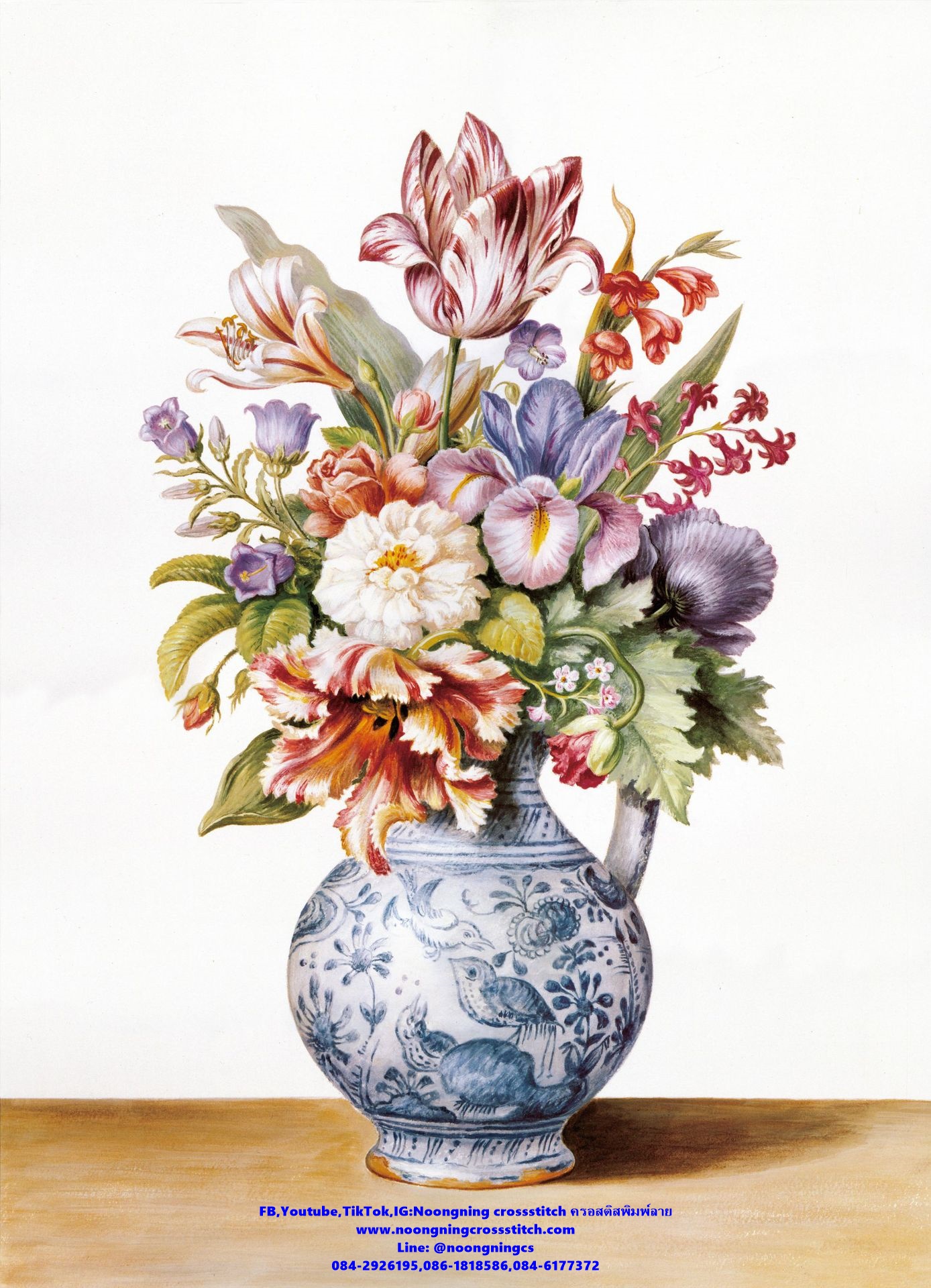 แจกันดอกไม้ ชุดปักครอสติส พิมพ์ลาย ครอสติสจีน งานฝีมือทำที่บ้าน DIY