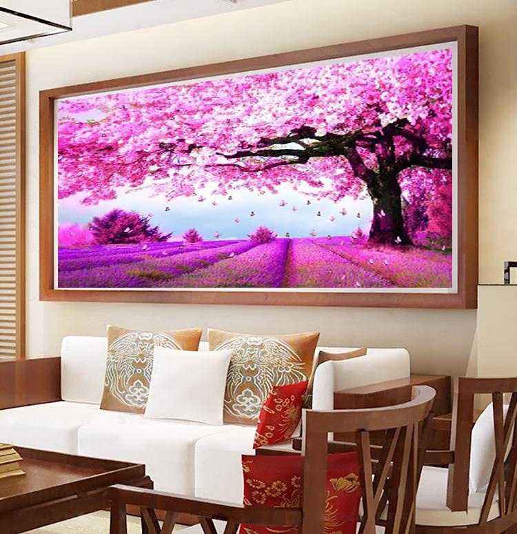 ต้นไม้ ทุ่งลาเวนเดอ ครอสติสคริสตัล Diamond painting โมเสก ภาพติดเพชร งานฝีมือ DIY
