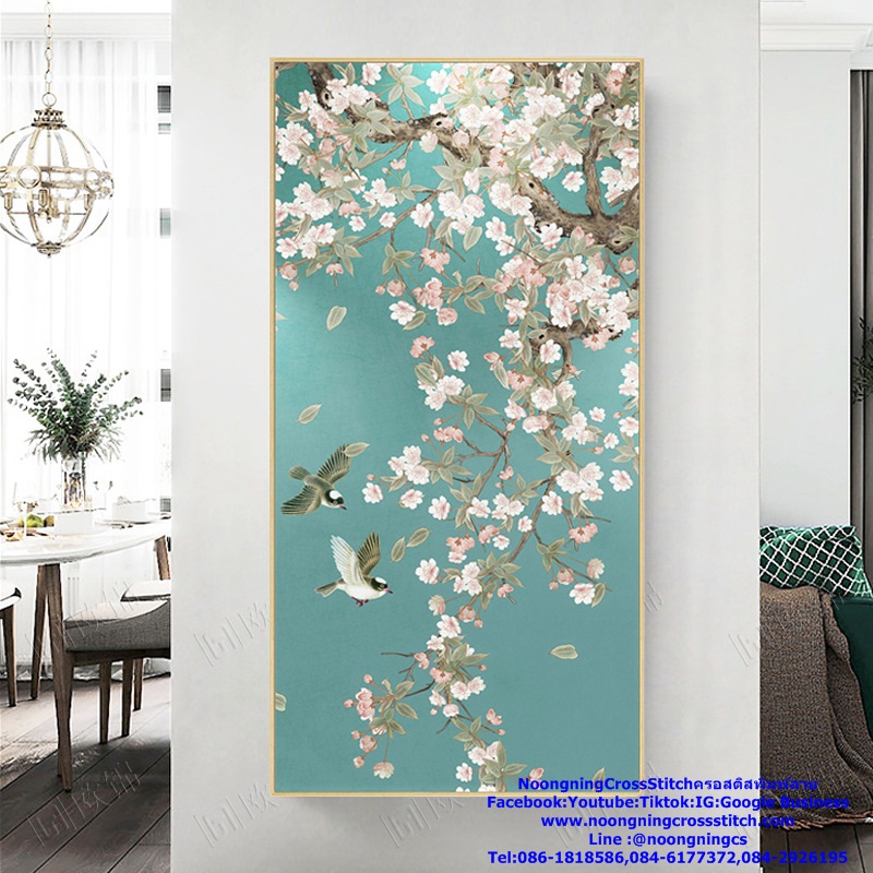 นกคู่ดอกไม้สวยงาม ชุดปักครอสติช พิมพ์ลาย ครอสติสจีน งานฝีมือ DIY