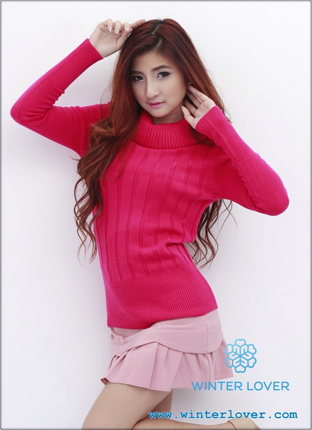เสื้อคอเต่าไหมพรมแขนยาวสีชมพูสด(พร้อมส่ง)(Free Size)