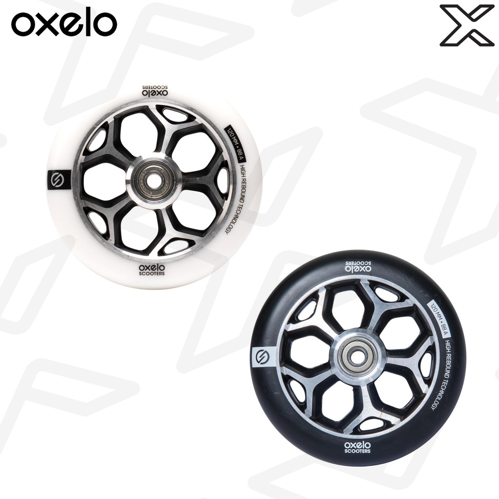 OXELO ล้อ PU ขาว แกนอะลูมิเนียมเทาขนาด 120 มม. สำหรับสกู๊ตเตอร์ฟรีสไตล์