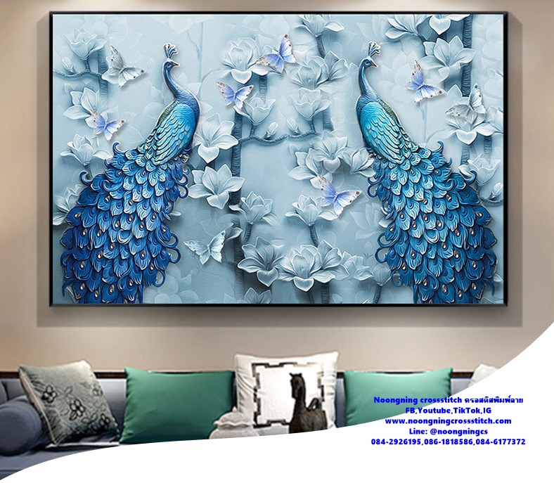 นกยูงคู่ ครอสติสคริสตัล Diamond painting โมเสก ภาพติดเพชร งานฝีมือทำที่บ้าน DIY