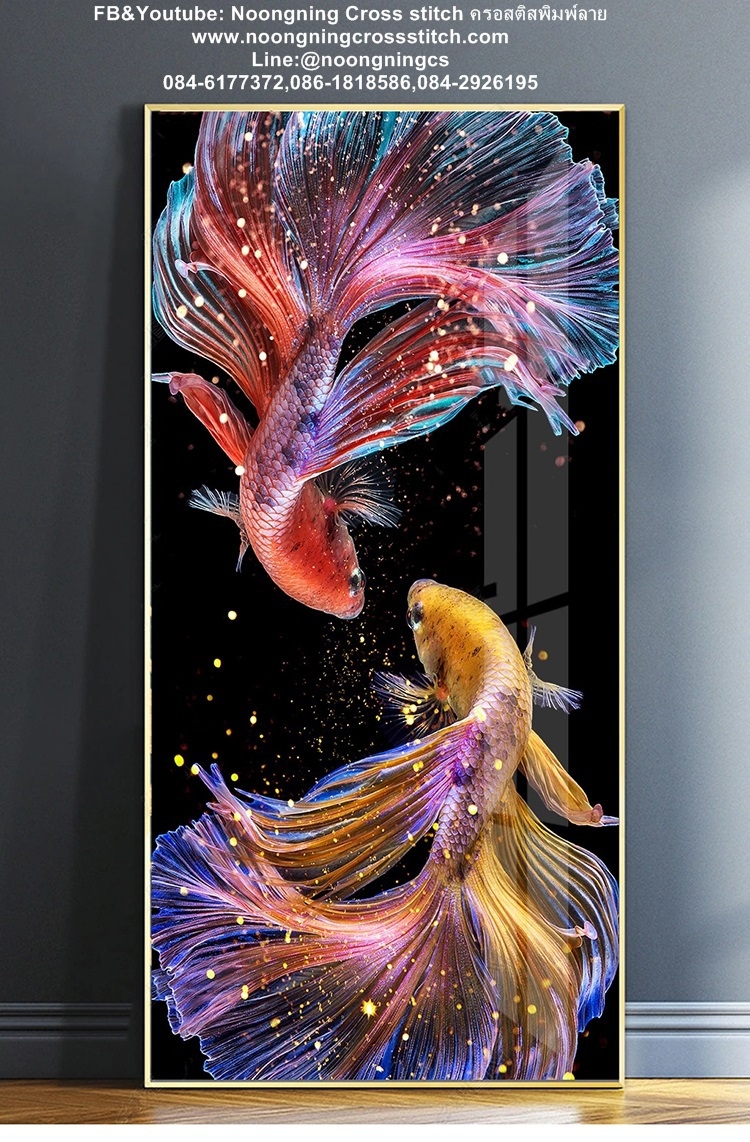 ปลากัดคู่ ครอสติสคริสตัล Diamond painting โมเสก ภาพติดเพชร งานฝีมือทำที่บ้าน DIY