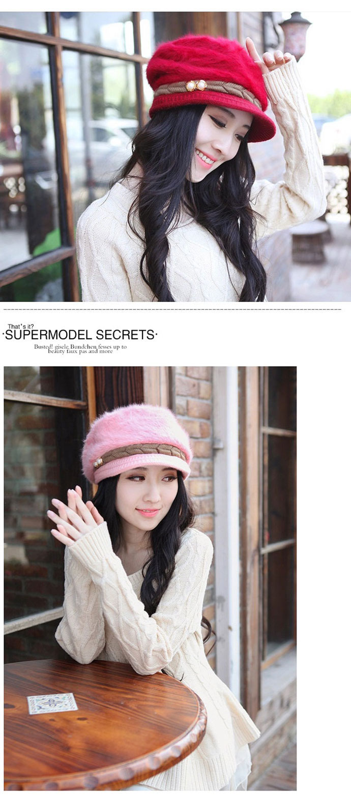 หมวกไหมพรมกันหนาวขนกระต่ายทรงแก๊ปสีแดงสวยหรูแต่งมุก บุขนหนา2 ชั้น กันหนาวถึงหิมะ (พร้อมส่ง) (Free Size)