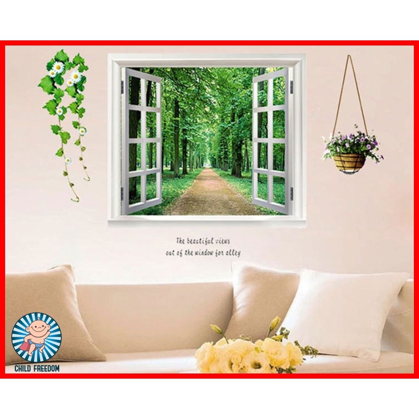 Wall Sticker วอลเปเปอร์สติกเกอร์ ตกแต่งผนังราคาส่ง รูปวาด 3D สามมิติ สติ๊กเกอร์ติดผนัง หน้าต่าง วิวธรรมชาติ วินเทจ