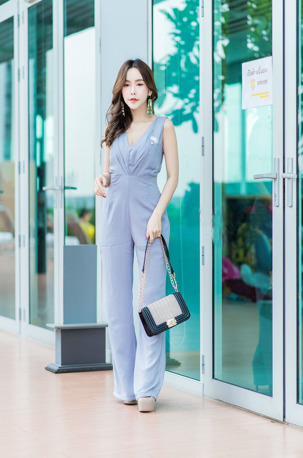 JS0031 เสื้อผ้าแฟชั่น เสื้อผ้าเกาหลี ชุดจั๊มสูท จั๊มสูทขายาว จั๊มสูทกางเกง ชุดออกงาน ชุดทำงาน แขนกุด (สีเทาอมฟ้า)