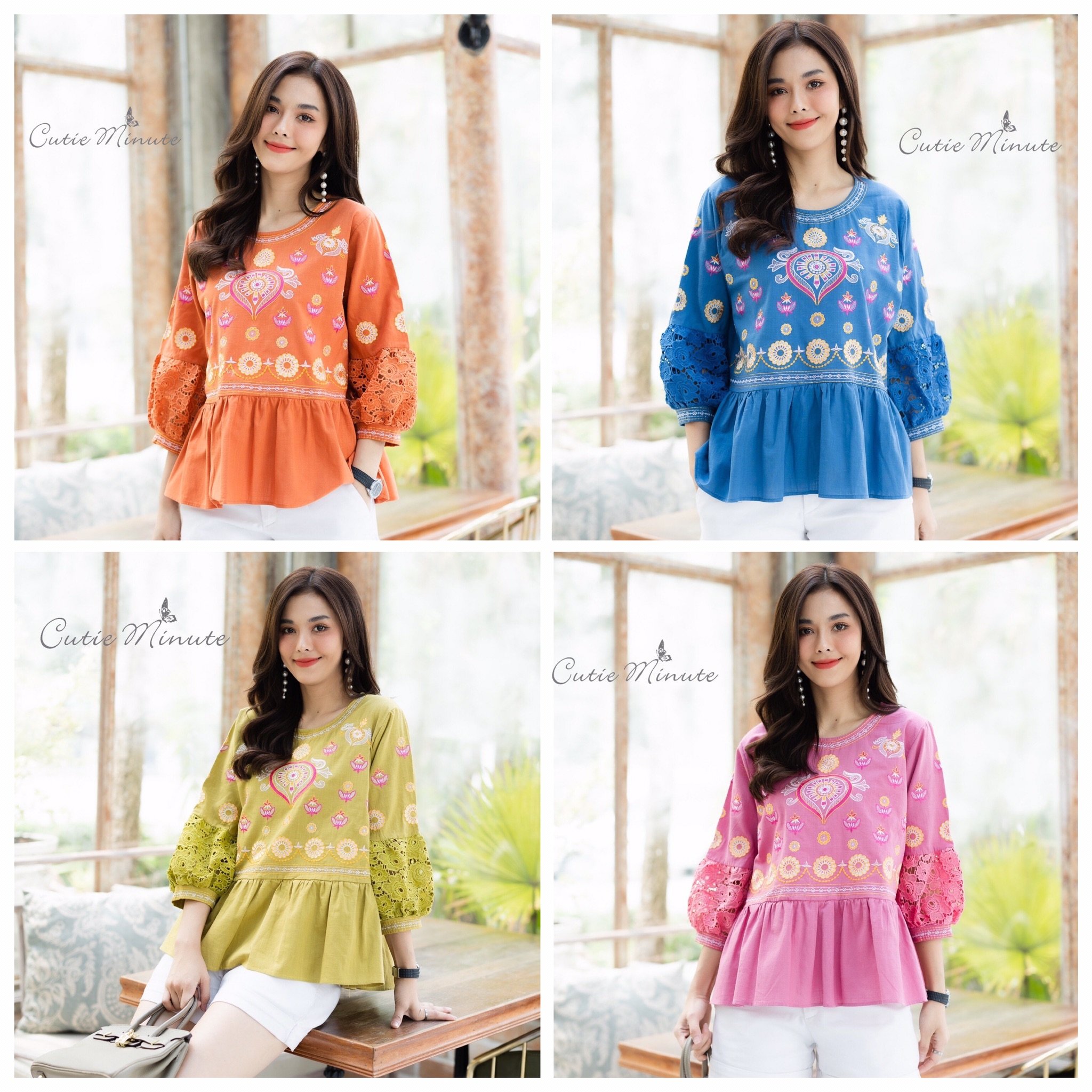 SaLe++#Cutie Minute B3695 เสื้อลินินเกรดพรีเมี่ยม เนื้อผ้าขึ้นลาย เนื้อผ้ามีความนุ่ม ผ้าดีมากค่ะ งานปักฝีมือสวยมากๆค่ะ แต่งเติมแขนด้วยลูกไม้เนื้อหนาสวยสวย เสื้อดีเทลจับจีบระบายเล็กๆ งานปักสวยเนียบ ใส่สวย ใส่สบายจริงๆค่ะ มี 4 สี ฟ้าคราม ส้มอิฐ เขียวไพร ชมพ