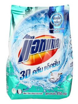 ผงซักฟอกแอทแทค 3D คลีนแอคชั่น 850 กรัม ไม่ทิ้งผงตกค้างบนเสื้อผ้าหลังซัก