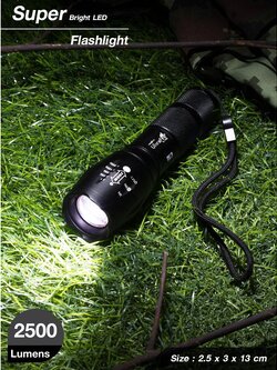 !!สินค้าขายดี!! ไฟฉาย LED กำลังแรงสูง พร้อมอุปกรณ์ชาร์จแบตเตอรี่ในกล่อง Super Bright LED Flashlight