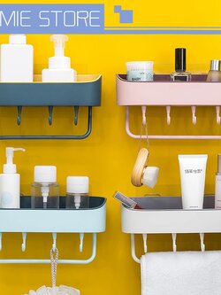 ชั้นวางของติดผนัง ชั้นเก็บของ ห้องน้ำ ตะกร้าสี่เหลี่ยมและเข้ามุมแบบติดผนัง ไม่ต้องเจาะ ชั้นวางของในห้องน้ำ ชั้นวาง