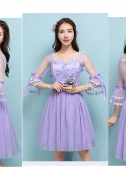 ชุดราตรีสั้นสีม่วง คอกลมแขน5ส่วน ผ้าซีทรูทั้งชุด