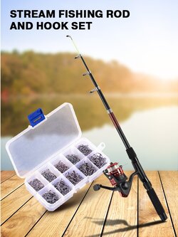 !!สินค้าขายดี!! เซ็ตเบ็ดตกปลาพร้อมตะขอเกี่ยว 500 ชิ้น Telescopic Fishing Rod and 500pcs Hook Set